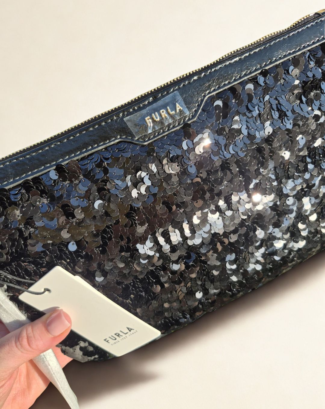 Pochette Donna Furla – Paillettes Nera, Misura Piccola con Manico