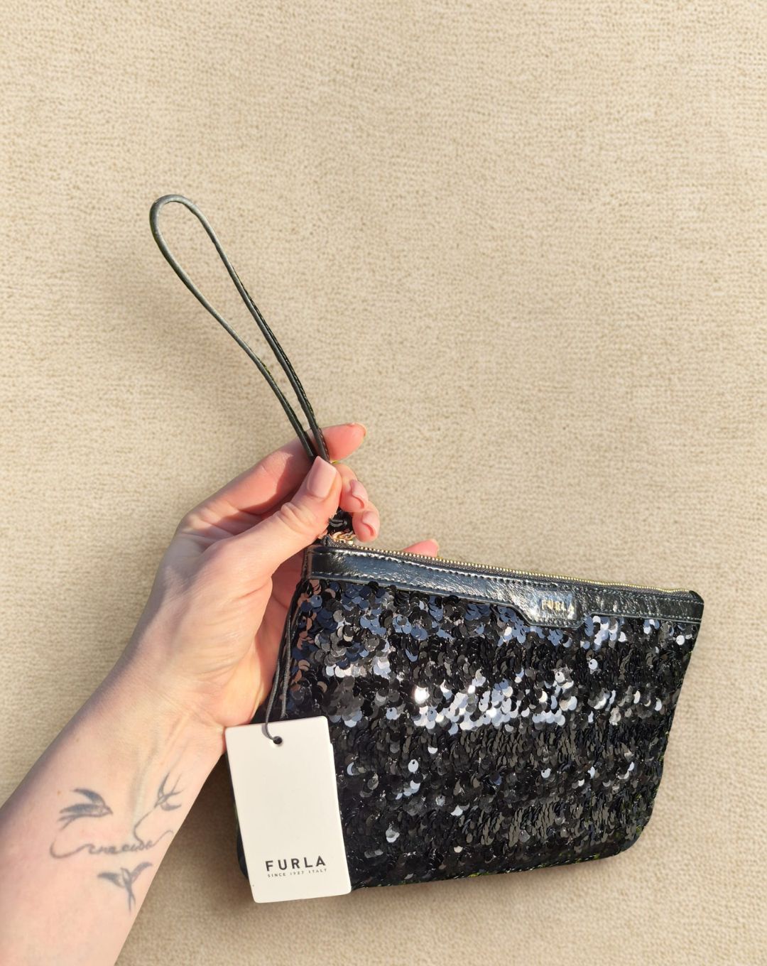 Pochette Donna Furla – Paillettes Nera, Misura Piccola con Manico
